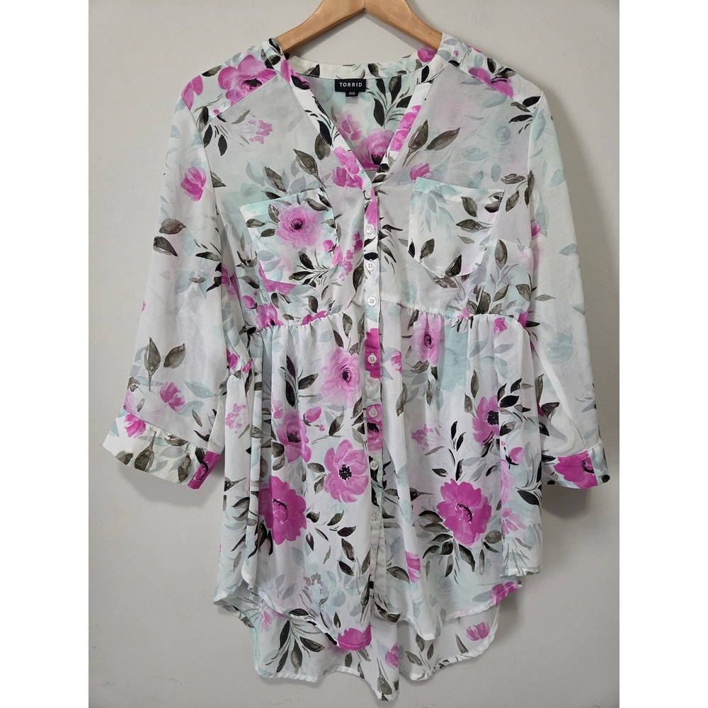 Torrid Floral Babydoll Tunic Top Pink Purple 3/4‎ Sleeve High Low Size 00 M/L
